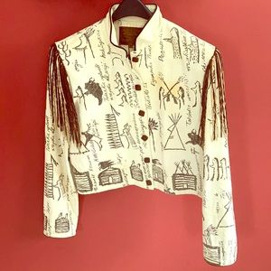Cotton print, button down suede fringed jacket